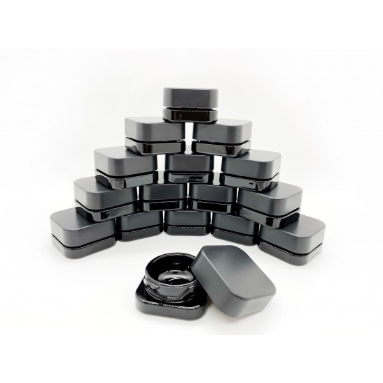 9cc Black SQUARE Glass Jar with Child Resistant Cap - 64 Jars/Tray (as low as 69¢ ea)